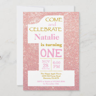 Invitation 1er anniversaire Rose Parties scintillant or et In
