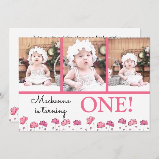 Invitation 1er Anniversaire rose Photo Collage (Devant / Derrière)