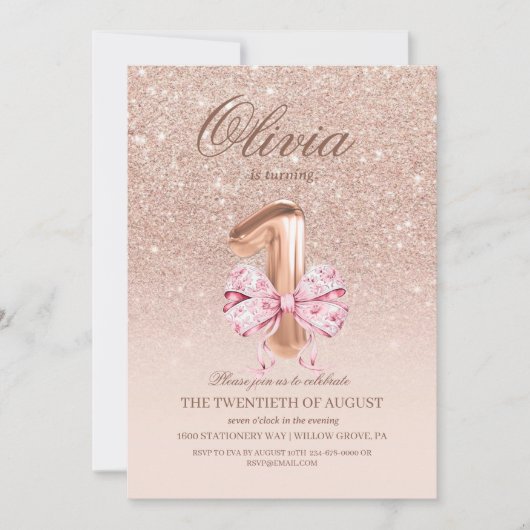 Invitation 1er anniversaire Rose rose or Bow fête d'anniversa (Devant)