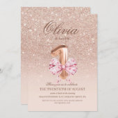Invitation 1er anniversaire Rose rose or Bow fête d'anniversa (Devant / Derrière)