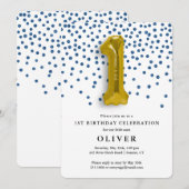 Invitation 1er anniversaire Royal Blue Confetti et Gold Ballo (Devant / Derrière)