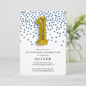 Invitation 1er anniversaire Royal Blue Confetti et Gold Ballo (Debout devant)