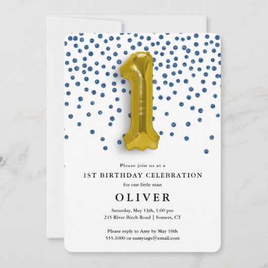Invitation 1er anniversaire Royal Blue Confetti et Gold Ballo (Devant)