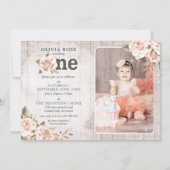 Invitation 1er anniversaire Rustic Wood Shabby Chic Roses Pho (Devant)