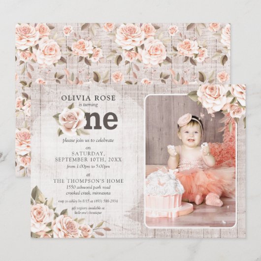 Invitation 1er anniversaire Rustic Wood Shabby Chic Roses Pho (Devant / Derrière)
