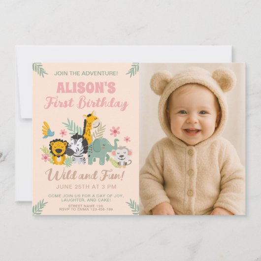 Invitation 1er Anniversaire Sauvage Safari Style Animal Jungl (Devant)