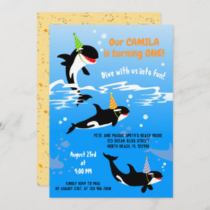 Invitation 1er anniversaire sous la mer orca baleine fille