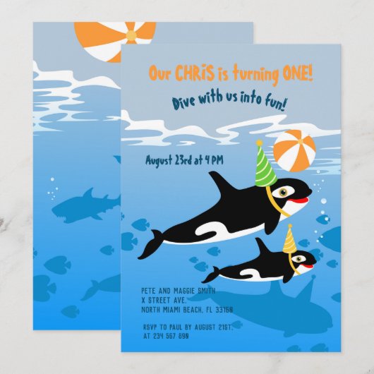 Invitation 1er anniversaire sous la mer orca whale boy party (Devant / Derrière)