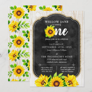 Invitation 1er anniversaire Sunflower & rustique Bois ferme