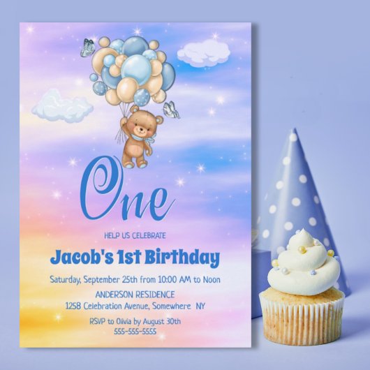 Invitation 1er anniversaire Teddy Bear Blue Balloons Party