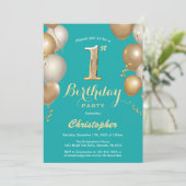 Invitation 1er Anniversaire Turquoise et Ballons d'or Confett (Debout devant)