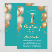 Invitation 1er Anniversaire Turquoise et Ballons d'or Confett (Devant / Derrière)