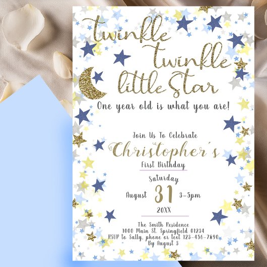 Invitation 1er Anniversaire Twinkle Little Star Garçon Or