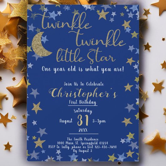 Invitation 1er anniversaire Twinkle Little Star Gold Boy