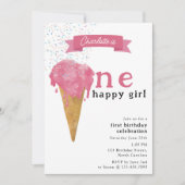 Invitation 1er Anniversaire Un Joyeux Fille Crème de glace ro (Devant)