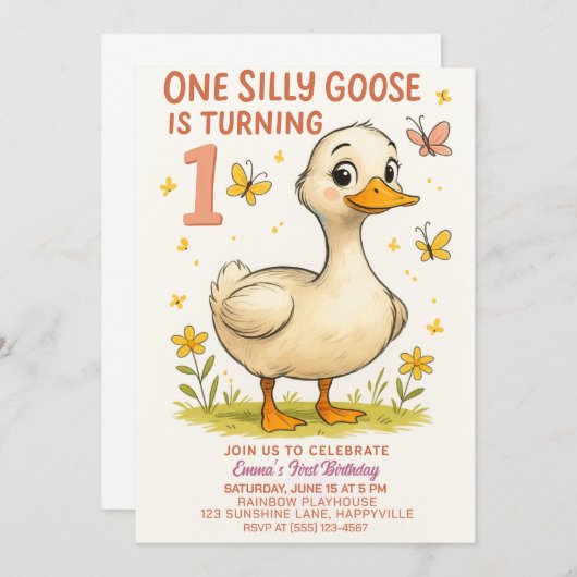 Invitation 1er Anniversaire Une oie sotte pour bébé fille (Devant / Derrière)