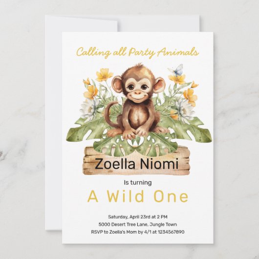 Invitation 1er anniversaire Wild One Jungle Animaux (Devant)
