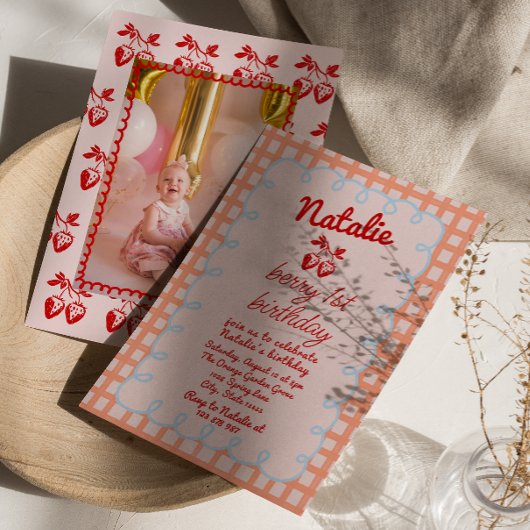 Invitation 1er Berry Hand Drawberry Photo Anniversaire