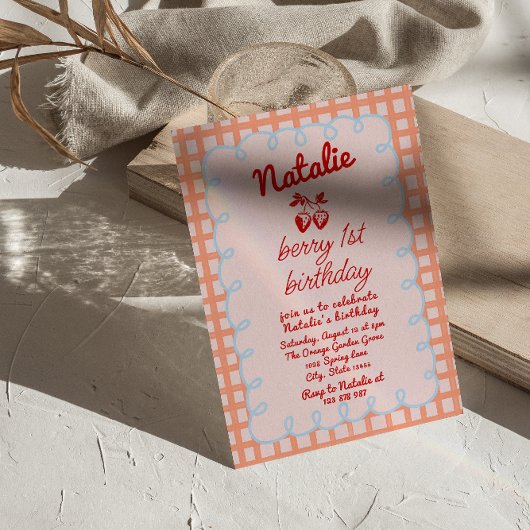 Invitation 1er Berry Hand Drawberry Photo Anniversaire