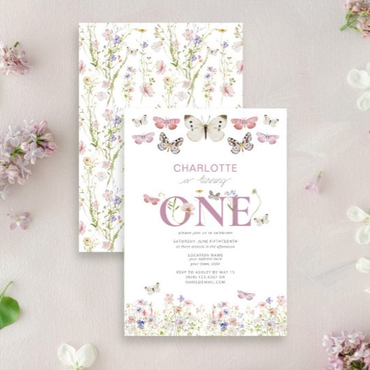 Invitation 1er Fleur sauvage Anniversaire tourne un papillon