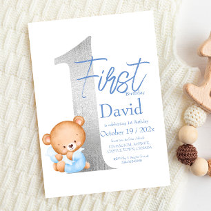 Invitation 1er Teddy Bear Premier anniversaire Blue Silver