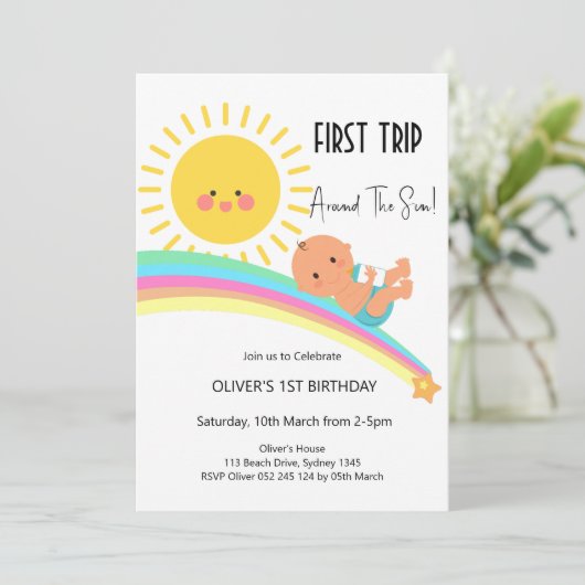 Invitation 1er voyage autour du soleil garçon anniversaire (Debout devant)