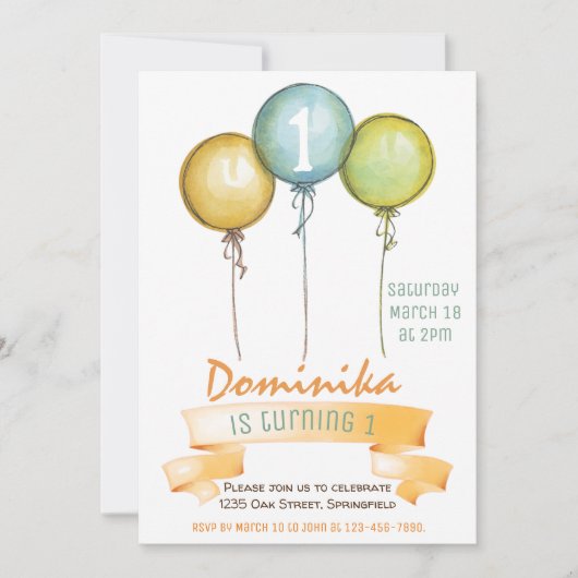 Invitation 1ère anniversaire fille invitation, fête d'anniver (Devant)