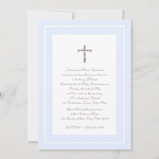 Invitation 1ère communion bleu doux et Brown (Devant)