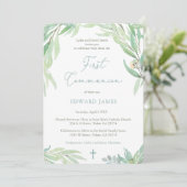 Invitation 1ère communion pour garçon avec Feuilles de printe (Debout devant)