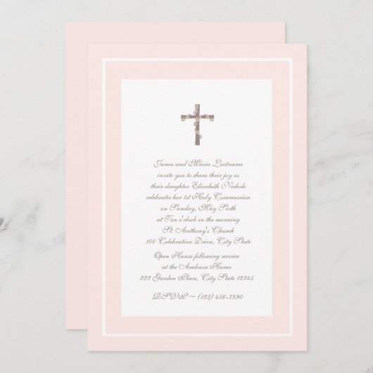 Invitation 1ère communion rose pâle et Brown (Devant / Derrière)