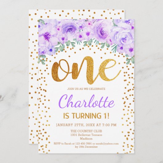 Invitation 1ère fête d'anniversaire - Blanc Gold Purple (Devant / Derrière)