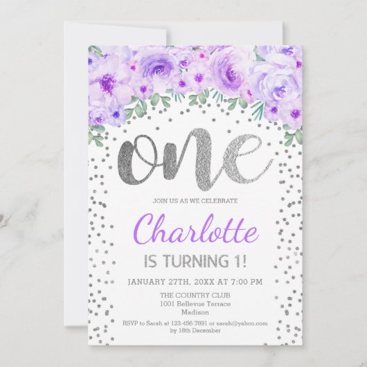 Invitation 1ère fête d'anniversaire - Blanc Silver violet (Devant)