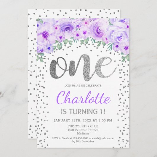 Invitation 1ère fête d'anniversaire - Blanc Silver violet (Devant / Derrière)