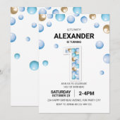 Invitation 1ère fête d'anniversaire, Blue and Gold Balloon Bo (Devant / Derrière)