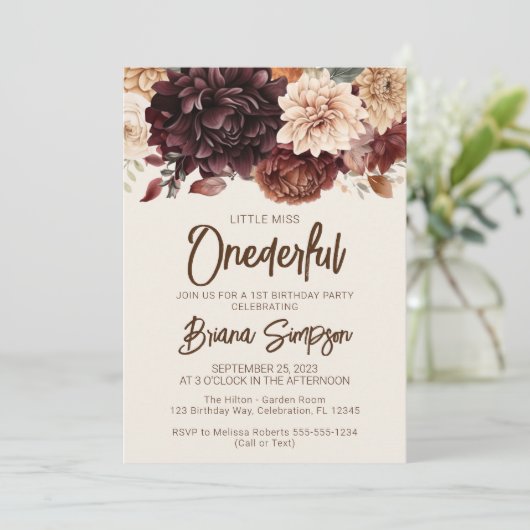 Invitation 1ère fête d'anniversaire Brown ivoire beige floral (Debout devant)