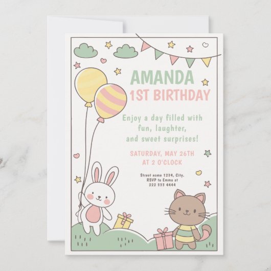 Invitation 1ère fête d'anniversaire de Bunny et Kitty (Devant)