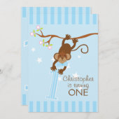 Invitation 1ère fête d'anniversaire du singe à la chèvre bleu (Devant / Derrière)