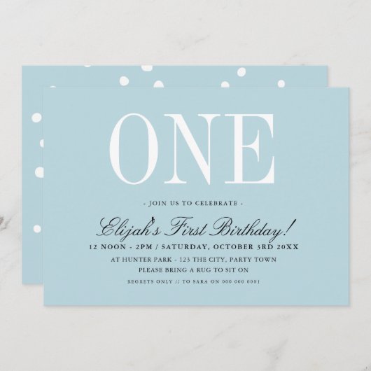 Invitation 1ère FÊTE D'ANNIVERSAIRE élégant bébé bleu garçon  (Devant / Derrière)