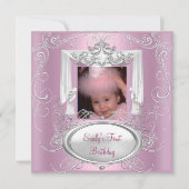 Invitation 1ère fête d'anniversaire fille rose argent étoile (Devant)