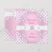 Invitation 1ère fête d'anniversaire fille rose blanc Polka po (Devant / Derrière)