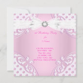 Invitation 1ère fête d'anniversaire fille rose blanc Polka po (Dos)