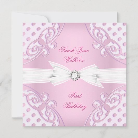 Invitation 1ère fête d'anniversaire fille rose blanc Polka po (Devant)