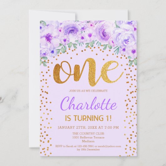 Invitation 1ère fête d'anniversaire - Gold Purple (Devant)