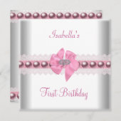 Invitation 1ère fête d'anniversaire Jolie Bow rose (Devant / Derrière)