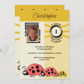 Invitation 1ère fête d'anniversaire photo ladybugs or crème (Devant / Derrière)