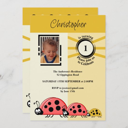 Invitation 1ère fête d'anniversaire photo ladybugs or crème (Devant / Derrière)