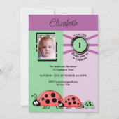 Invitation 1ère fête d'anniversaire photo ladybugs vert viole (Devant)