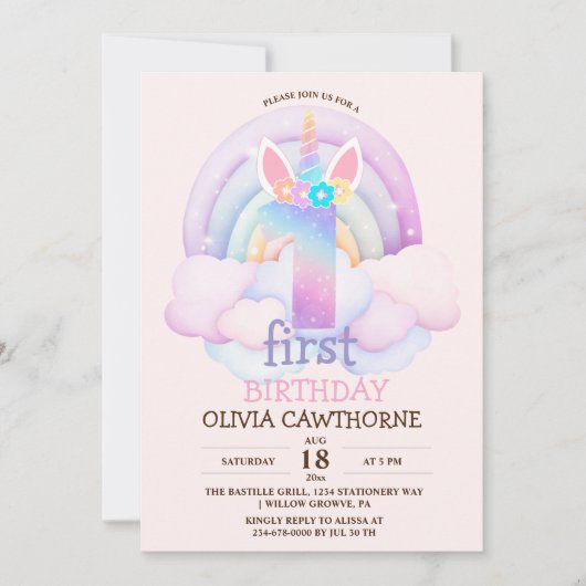 Invitation 1ère fête d'anniversaire Rainbow Unicorn (Devant)