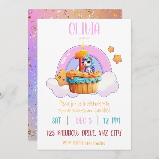 Invitation 1ère fête d'anniversaire Rainbow Unicorn Cupcake (Devant / Derrière)