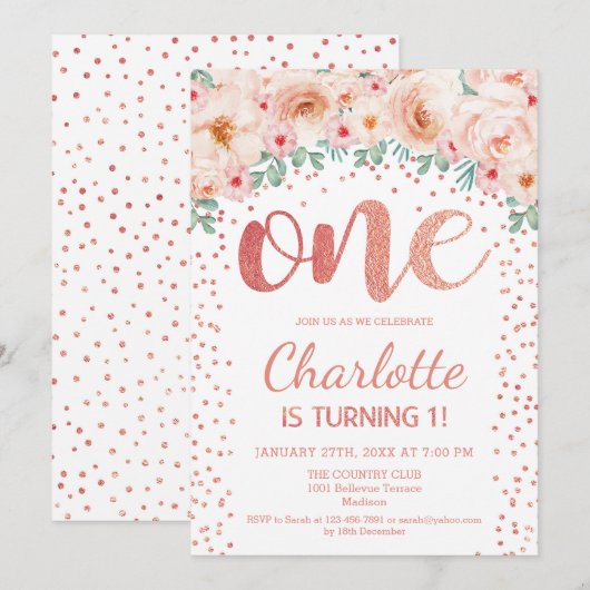 Invitation 1ère fête d'anniversaire - Rose blanche or (Devant / Derrière)